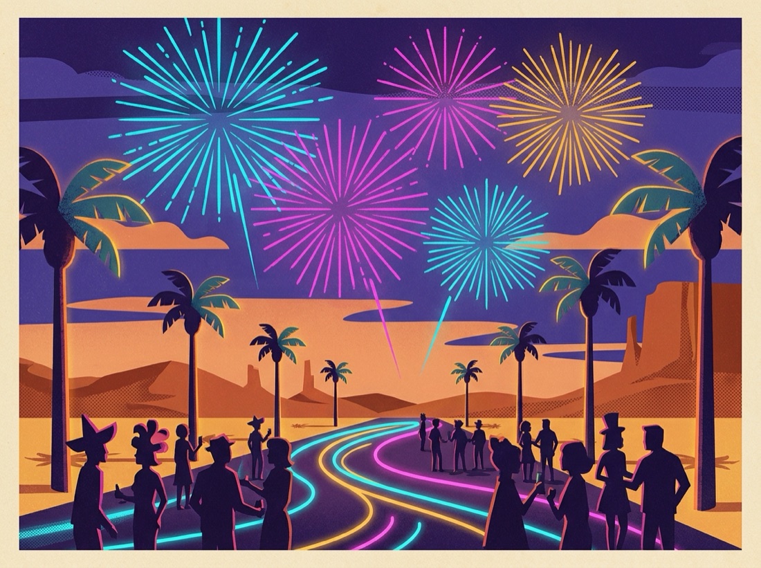 Retro postcard of a packed Las Vegas event night under stadium and neon lights