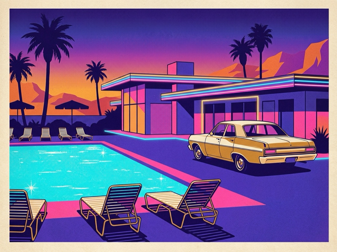 Retro postcard of a glowing Las Vegas resort tower and pool at sunset