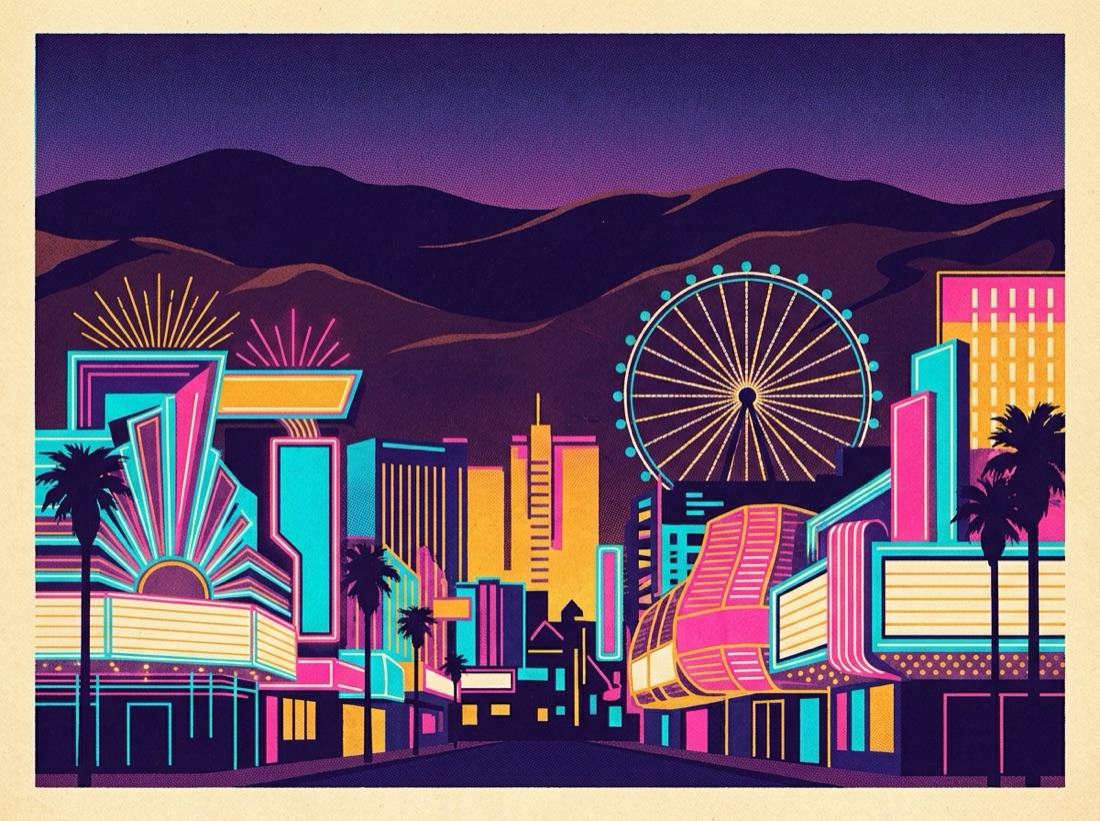Retro postcard of the Las Vegas Strip icons glowing at golden hour