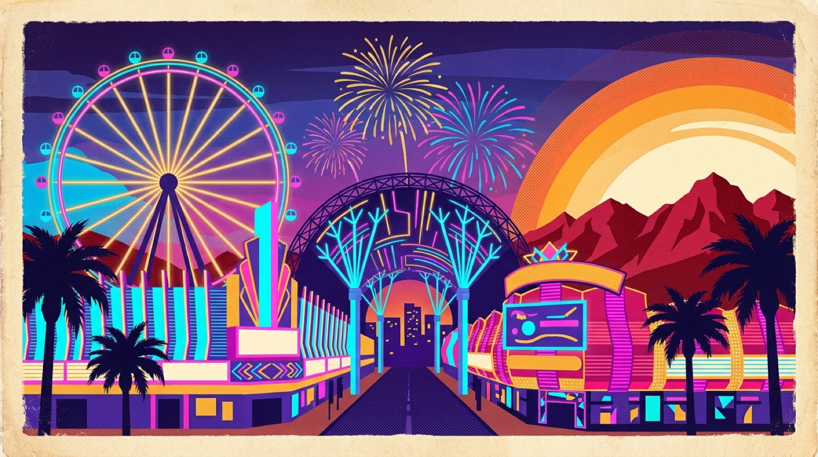 Retro postcard of the Las Vegas Strip glowing with neon at night under a desert sky